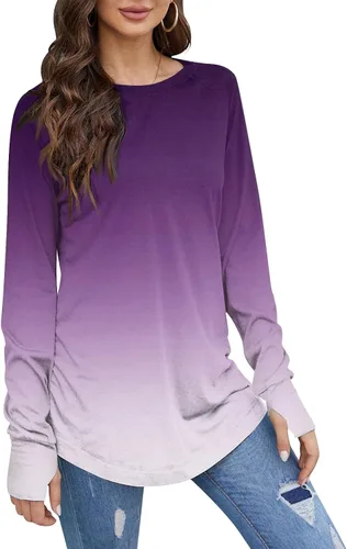 Vista 5 de Summer Tops for Women Long Sleeve Round Neck T Shirts Printing Leaky Thumb Pullover Tops Hide Belly Blouses