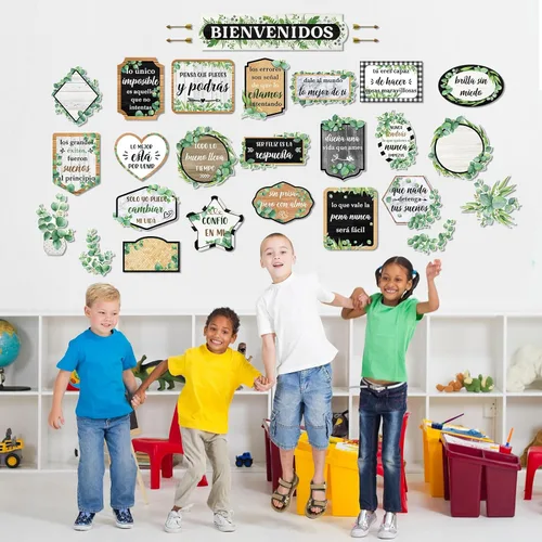 Vista 5 de Pasimy 24 carteles inspiradores en español Bienvenidos para el aula, carteles motivacionales de eucalipto, juego de tablones de anuncios