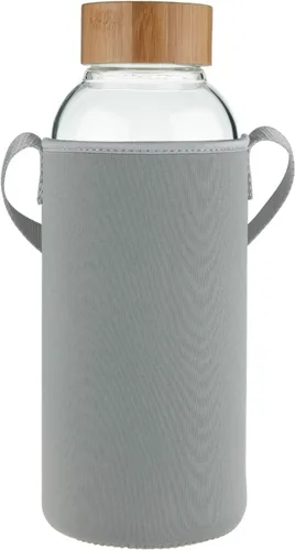 Vista 8 de Botella de agua de vidrio de borosilicato para deportes de 48 onzas, con tapa de bambú y funda de neopreno