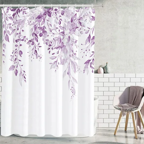 Vista 133 de Tititex - Juego de cortinas de ducha de eucalipto negro, hojas de acuarela gris en la parte superior, con decoración floral de baño, 60 x 72