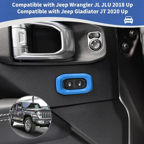 Vista 4 de RT-TCZ Para Wrangler JL Interruptor de bloqueo de puerta Cubierta de ajuste de botón azul bebé para Jeep Wrangler JL JLU Gladiator JT 2018-2024 Baby