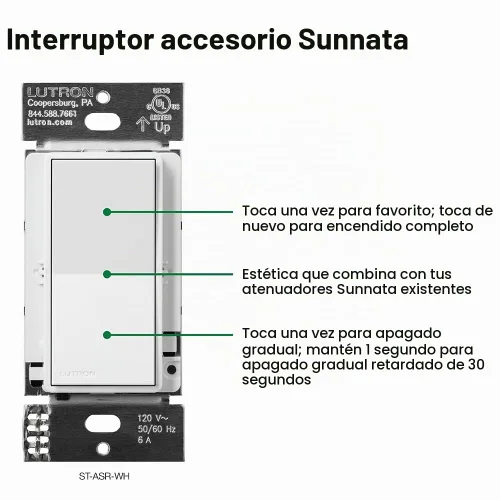 Vista 5 de Lutron Sunnata Interruptor accesorio de encendido/apagado, solo para uso con reguladores LED+ Sunnata, ST-AS-BL, Negro