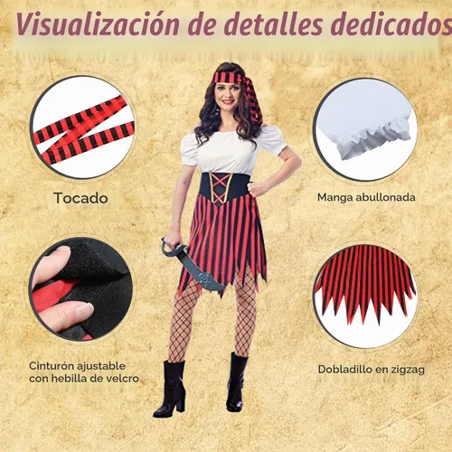 Vista 6 de Wizland Disfraz de pirata para mujer, vestido de pirata de estilo modesto con cinturón y tocado Pirata Clásico para Mujer