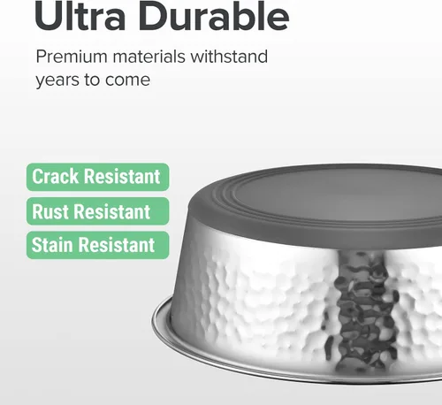Vista 4 de URBUDDIES Paquete de 2 cuencos de acero inoxidable martillados para gatos, cuencos de metal prémium para gatos con parte inferior de goma