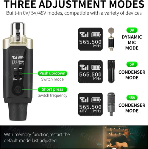 Vista 6 de Transmisor y receptor inalámbrico XLR y receptor transmisor de guitarra inalámbrico, adaptador de micrófono recargable de 16 canales de 196 pies
