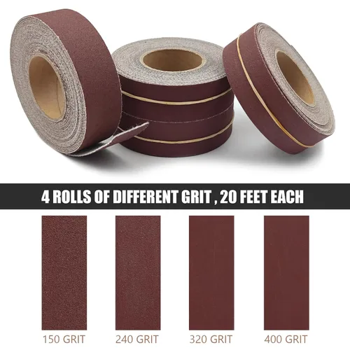 Vista 3 de Rollos de papel de lija de gancho y bucle, 4 granos de papel de lija abrasivo de 1 pulgada x 20 pies, papel de arena surtido con dispensador 150