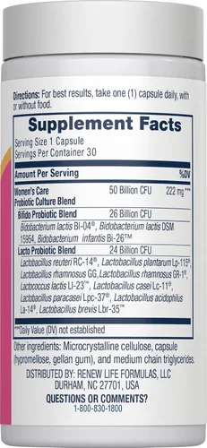 Vista 2 de Renew Life Cápsulas probióticas para mujeres, 50 mil millones de UFC garantizadas, apoya el equilibrio del pH, la salud vaginal, urinaria, digestiva