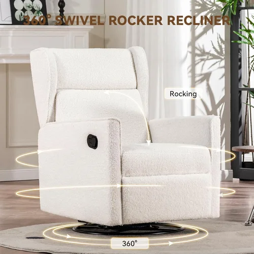 Vista 3 de COMHOMA Mecedora para Cuarto de Bebé Teddy Tapizada Mecedora Giratoria Reclinable Manual Deslizante Silla Reclinable para Sala de Estar Dormitorio