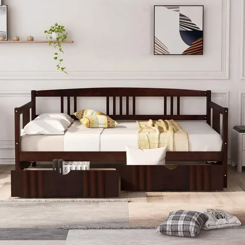 Vista 19 de P PURLOVE Sofá cama individual de madera con rieles, cama individual, listones de madera que soportan la vida moderna, individual, espresso