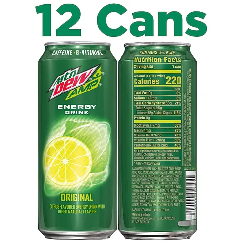 Vista 3 de Mtn Dew AMP Energy, original, bebida energética con cafeína, vitaminas B, latas de 16 onzas líquidas, (paquete de 24)
