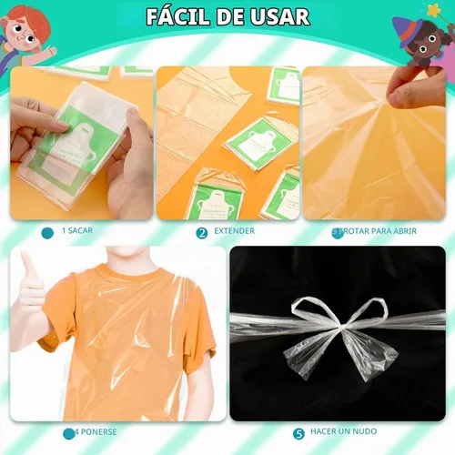 Vista 6 de Delantales desechables para niños, delantales de plástico transparente para niños, desechables, impermeables, para pintar, cocinar, 4-12