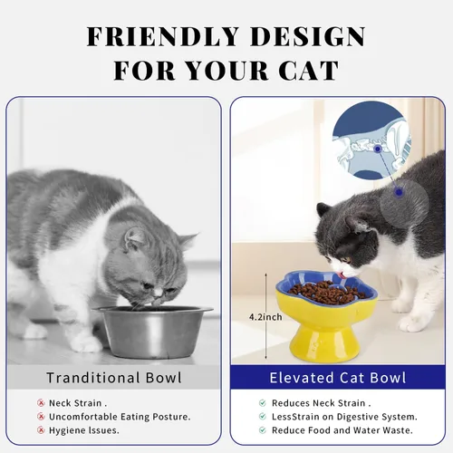 Vista 5 de S&Q's CERAMICS Cuenco elevado de alimentación lenta para gatos, cuenco de cerámica elevado e inclinado para comida para mascotas, comedero lento Azul