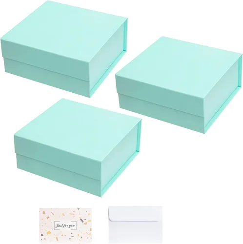Vista 9 de CHARMGIFTBOX Cajas de regalo con tapas, 7.4 x 7.0 x 3.2 pulgadas, pequeña caja de regalo magnética azul Auqa con tarjeta, pequeñas cajas plegables