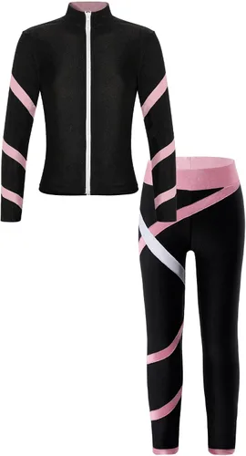 Vista 3 de YiZYiF Chándal de gimnasia para niños, 2 piezas, traje de entrenamiento de patinaje artístico, manga larga, cremallera, cuello alto, chaqueta