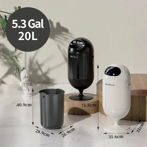 Vista 4 de MRBIN Bote de basura de metal con tapa, cesta de basura decorativa mediana de 5.3 galones / 20 litros, basura redonda alta con patas altas para Negro