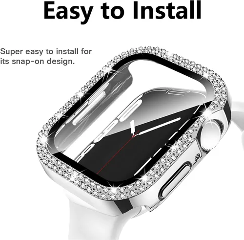 Vista 3 de Funda de dispositivo electrónico portátil para Apple Watch Series 9, 8, 7, 1.614 in, funda plateada brillante con diamantes de imitación de cristal