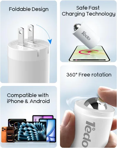 Vista 3 de Cargador de pared GaN de 20W, enchufe plegable de carga rápida para tableta y teléfonos Blanco