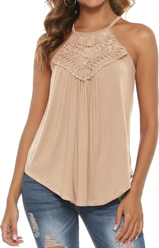 Vista 2 de Bluetime - Camisetas sin mangas con cuello halter para mujer, de encaje, con tirantes delgados, para verano