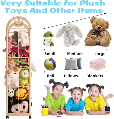 Vista 3 de Organizador grande de almacenamiento de animales de peluche, 61 pulgadas de alto de madera de alta calidad, lindo soporte para juguetes de zoológico