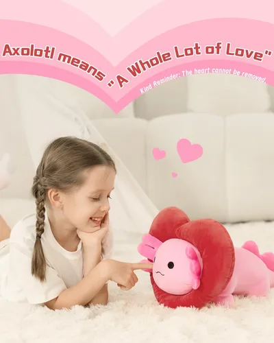 Vista 4 de MaoGoLan Peluche de ajolote de San Valentín con capucha en forma de corazón, almohada de peluche de salamandra blanda y suave, regalo de peluche
