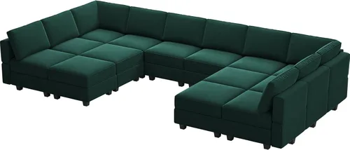 Vista 8 de Belffin Sofá modular modular de gran tamaño con tumbonas dobles en forma de U, sofá seccional reversible con almacenamiento de terciopelo verde