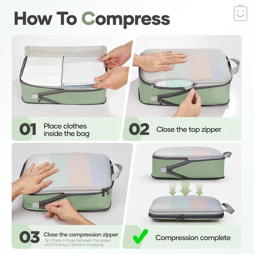 Vista 3 de Veken Juego de 11 cubos de compresión para artículos esenciales de viaje, bolsas organizadoras compresibles expandibles grandes para maletas