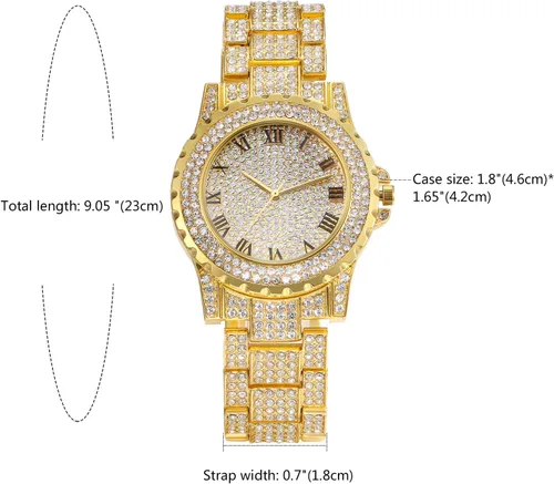 Vista 6 de JewelryWe Men Watches Gold Tone Alloy Quartz Watch Stylish Rhinestone Business Casual Dress Wristwatches for Christmas
