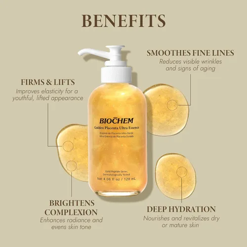 Vista 3 de BIOCHEM Golden Placenta Ultra Essence - Suero facial de placenta con lámina dorada, antienvejecimiento, hidratante, reafirmante, arrugas, líneas