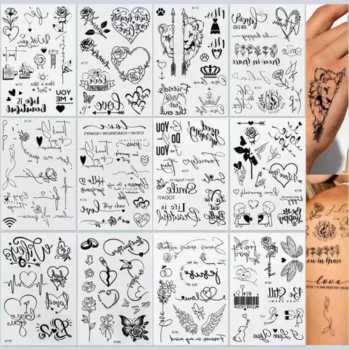 Vista 12 de Tatuajes temporales de neón UV, 12 hojas de tatuajes de fiesta que brillan en la oscuridad para adultos y niñas, patrones de doble vibración