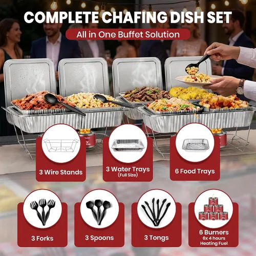 Vista 3 de Juego de platos desechables para bufé, 33 piezas de servidores de roce con calentadores de alimentos, cubiertas, sartenes de comida