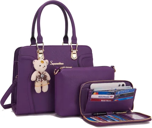 Vista 16 de Soperwillton Monederos para mujer, bolso cruzado de hombro, asa superior, bolsa de mano, cartera, juego de 3 piezas beige/marrón