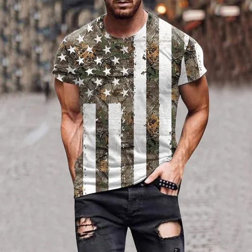 Vista 3 de Stoota - Camiseta con estampado de bandera del Día de la Independencia para hombre, casual, cuello redondo, suave, ligera, floral, camiseta