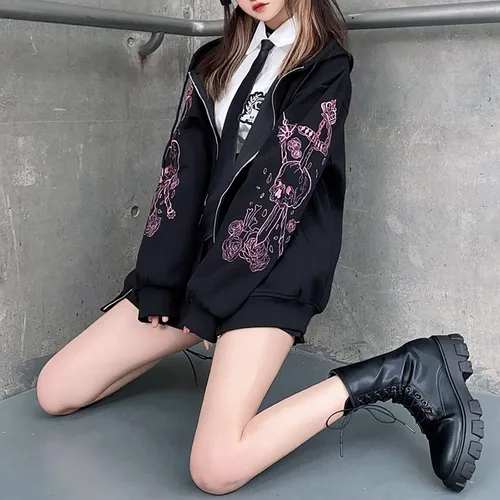 Vista 5 de Sudadera con capucha gótica con estampado vintage Harajuku, sudadera con capucha de moda callejera casual hip hop