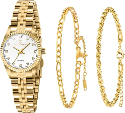 Vista 11 de Juego de reloj de oro para mujer, chapado en oro de 18 quilates, brazalete brazalete anillo para mujer, delicado reloj analógico impermeable