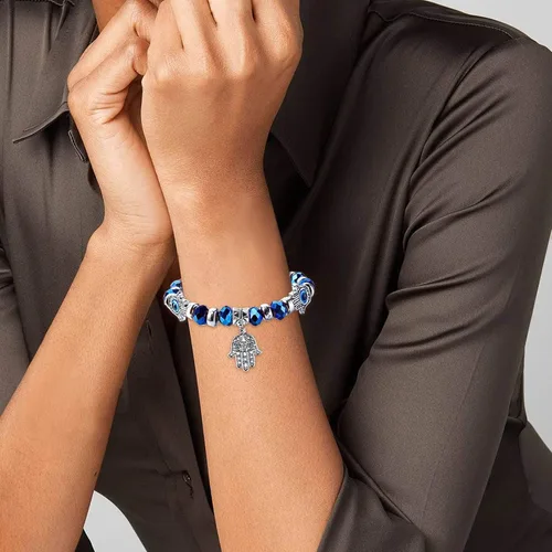 Vista 5 de Zeshimb Pulsera Hamsa de ojo turco con cuentas de cristal, pulsera de mano de Fátima elástica lateral con ojo azul Hamsa, pulsera turca de mal