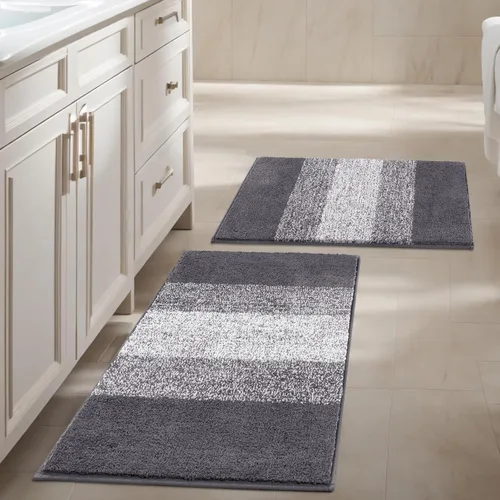 Vista 11 de Vaukki Juego de 2 alfombras de baño suaves de lujo, antideslizantes, lavables, de felpa, peludas, absorbentes, a rayas, para bañera, baño y ducha