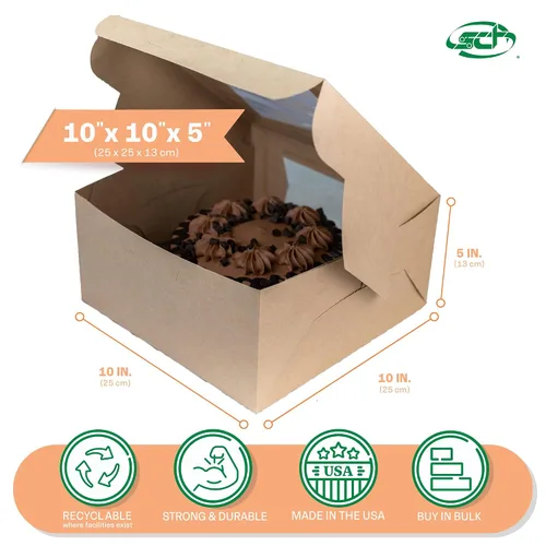 Vista 2 de Southern Champion Tray 23053K Caja de panadería de ventana de esquina con cerradura de cartón Kraft, 10 pulgadas de largo x 10 pulgadas de ancho x 5