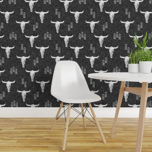 Vista 3 de Muestro de papel tapiz extraíble, diseño de calaveras del desierto, bohemio, inspirado en el suroeste, color gris y vaca, papel pintado prepegado
