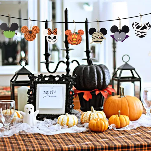 Vista 7 de 46 piezas adornos colgantes de madera de ratón de Halloween, rebanadas de madera de ratón con cuerdas para fiesta de Halloween, adorno colgante