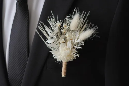 Vista 8 de Flores secas de hierba de las pampas blancas, ramo de flores secas rústicas, pin de solapa para mujeres/novio (B10)
