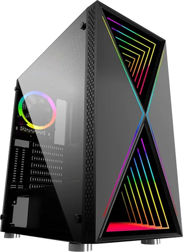 Vista 19 de Bgears b-Optillusion (ventiladores no incluidos) Funda ATX para juegos para PC, panel frontal ARGB con ilusión óptica especial, lado de vidrio