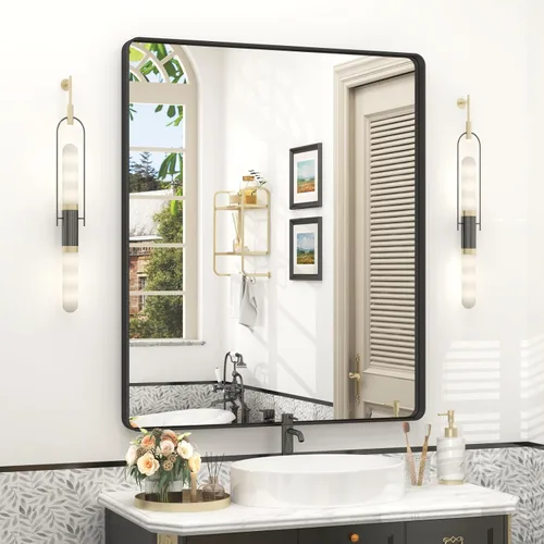 Vista 19 de Espejo rectangular para pared de baño de 20x30 pulgadas con marco negro mate, espejo de tocador con esquinas redondeadas, espejo de baño de metal