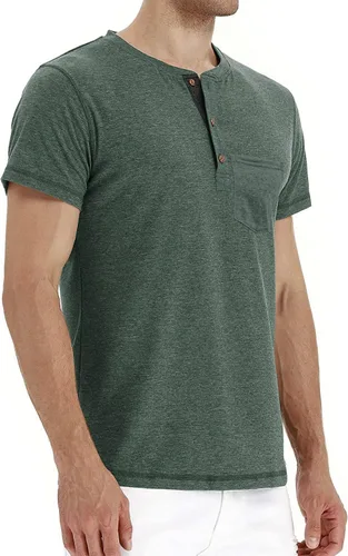 Vista 2 de Sailwind Camiseta de manga corta Henley para hombre, de algodón, casual, con bolsillo