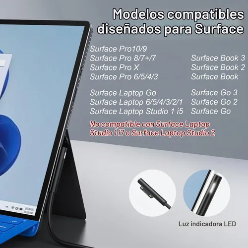 Vista 2 de Cargador compatible con Microsoft Surface Pro, Surface Go Tablet, Surface Book, compatible con 65 W, 44 W, 39 W, 36 W, 24 W Microsoft Surface