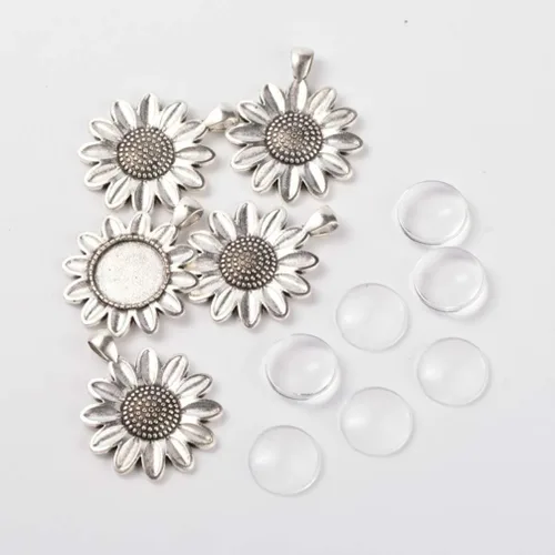 Vista 9 de EXCEART Bandeja colgante de flores retro con cabujones de cristal transparente, aleación de zinc, dijes vintage para manualidades, 1.37 pulgadas