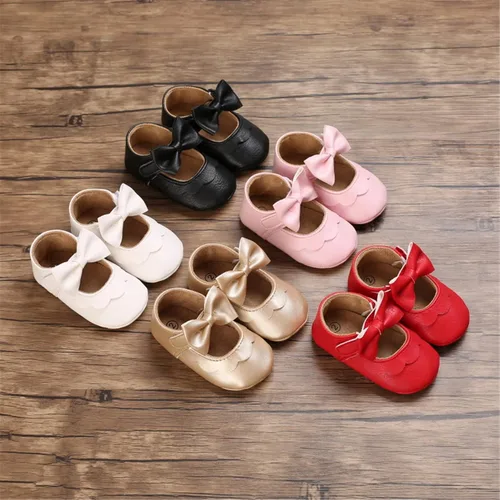 Vista 2 de myppgg Zapatos planos Mary Jane para bebé niña, con lazo brillante, vestido de princesa, zapatos de cuna antideslizantes para niños pequeños que