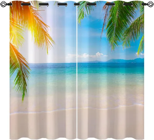 Vista 12 de Cortinas opacas de arena para niñas y niños, decoración del hogar, vacaciones, playa, agua azul, puesta de sol, nubes, ojales, aislamiento térmico