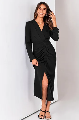 Vista 5 de PRETTYGARDEN Vestido largo de otoño para mujer, manga larga, cuello en V profundo, abertura fruncida, casual, formal, elegante, vestido de cóctel