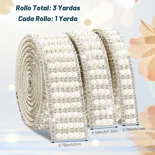 Vista 3 de Outus 3 rollos de cinta autoadhesiva de perlas con diamantes de imitación