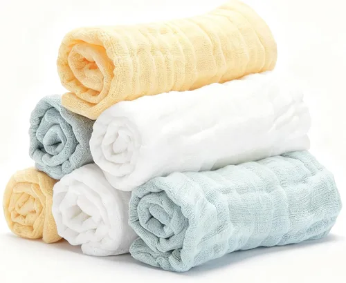 Vista 13 de Toallitas de muselina orgánicas para bebé, paquete de 6, toalla de baño y cara de 12x12 pulgadas, extra absorbente y suave, para bebés recién Azul